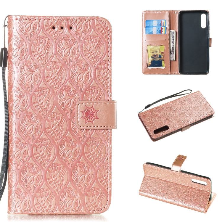 Pressed Printing Rattan Flower Pattern Horizontal Flip PU Leather Case for Galaxy A70, with Holder & Card Slots & Wallet & Photo Frame