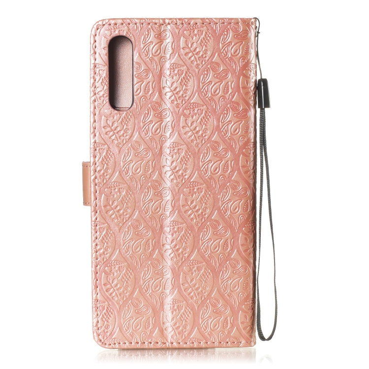 Pressed Printing Rattan Flower Pattern Horizontal Flip PU Leather Case for Galaxy A70, with Holder & Card Slots & Wallet & Photo Frame