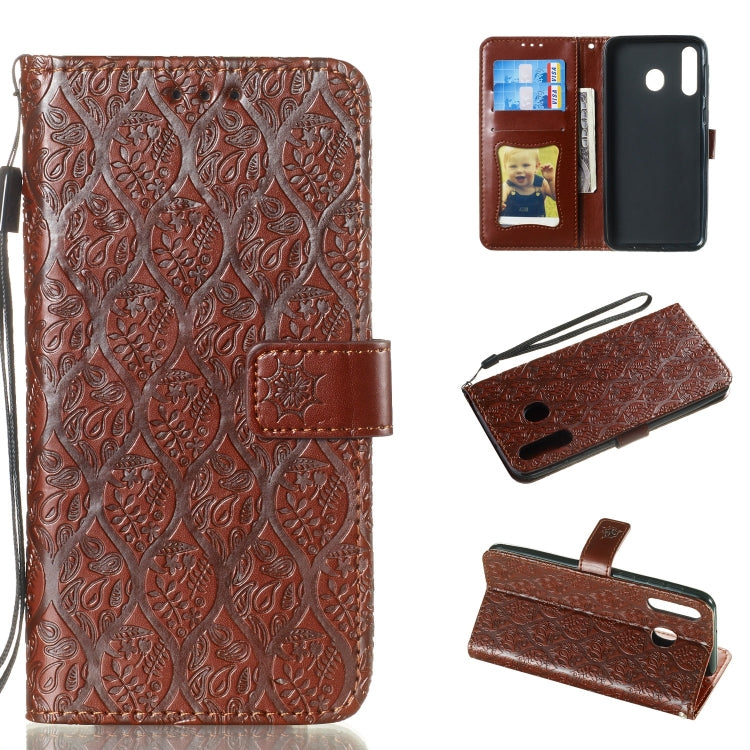 Pressed Printing Rattan Flower Pattern Horizontal Flip PU Leather Case for Galaxy M30, with Holder & Card Slots & Wallet & Photo Frame