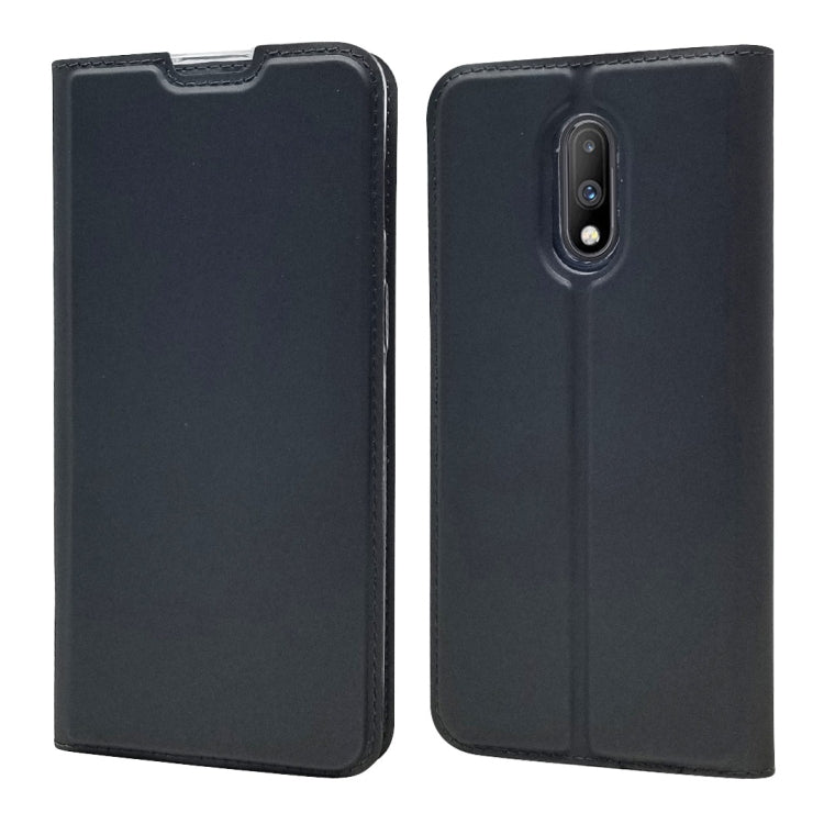 Electric Pressed Plain Texture Ultra-thin Magnetic Suction TPU + PU Leather Case for OnePlus 7, with Holder & Card Slot