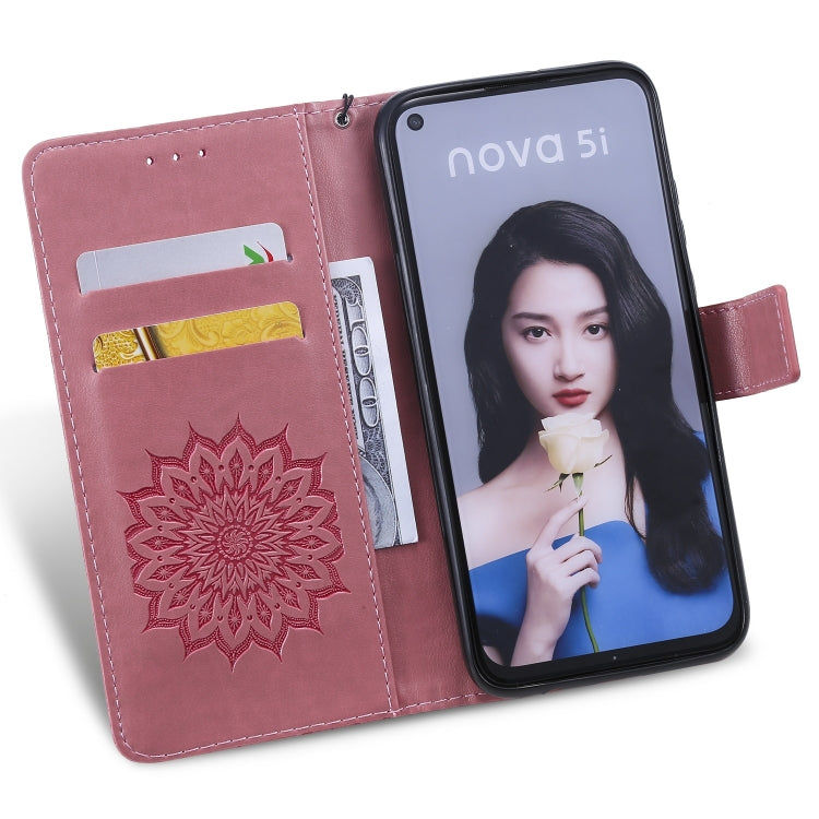 Pressed Printing Sunflower Pattern Horizontal Flip PU Leather Case for Huawei Nova 5i / P20 Lite (2019), with Holder & Card Slots & Wallet & Lanyard