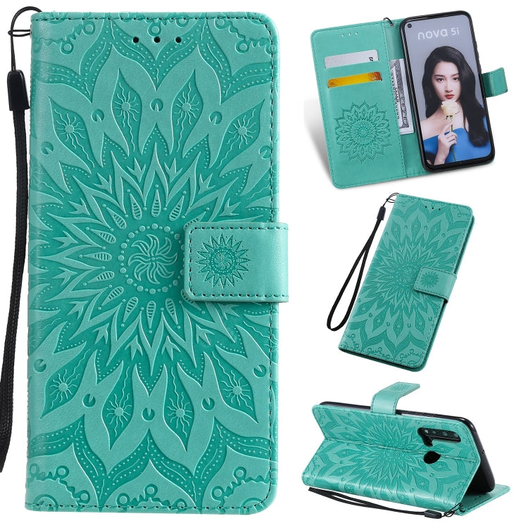 Pressed Printing Sunflower Pattern Horizontal Flip PU Leather Case for Huawei Nova 5i / P20 Lite (2019), with Holder & Card Slots & Wallet & Lanyard