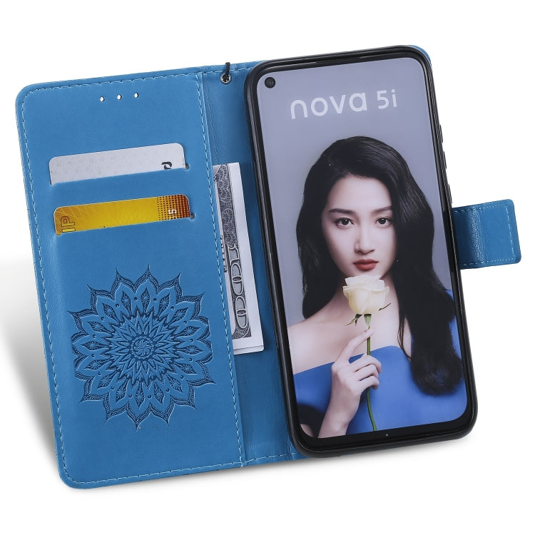 Pressed Printing Sunflower Pattern Horizontal Flip PU Leather Case for Huawei Nova 5i / P20 Lite (2019), with Holder & Card Slots & Wallet & Lanyard