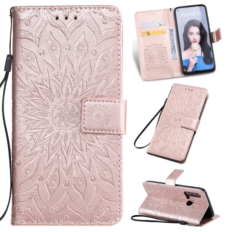 Pressed Printing Sunflower Pattern Horizontal Flip PU Leather Case for Huawei Nova 5i / P20 Lite (2019), with Holder & Card Slots & Wallet & Lanyard