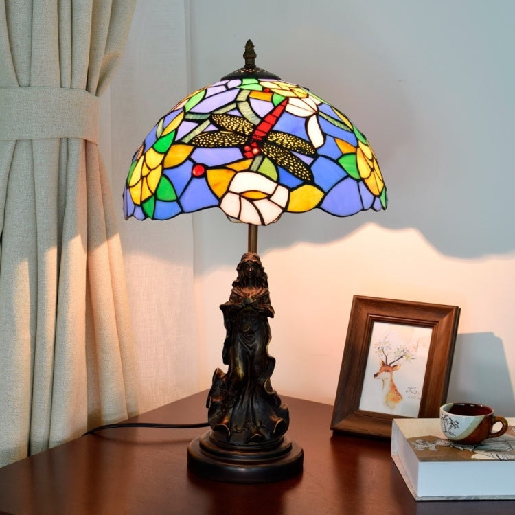 YWXLight Mediterranean Blue Roses Colored Glass Lighting Table Lamp Living Room Dining Room Bedroom Bar Decoration Light