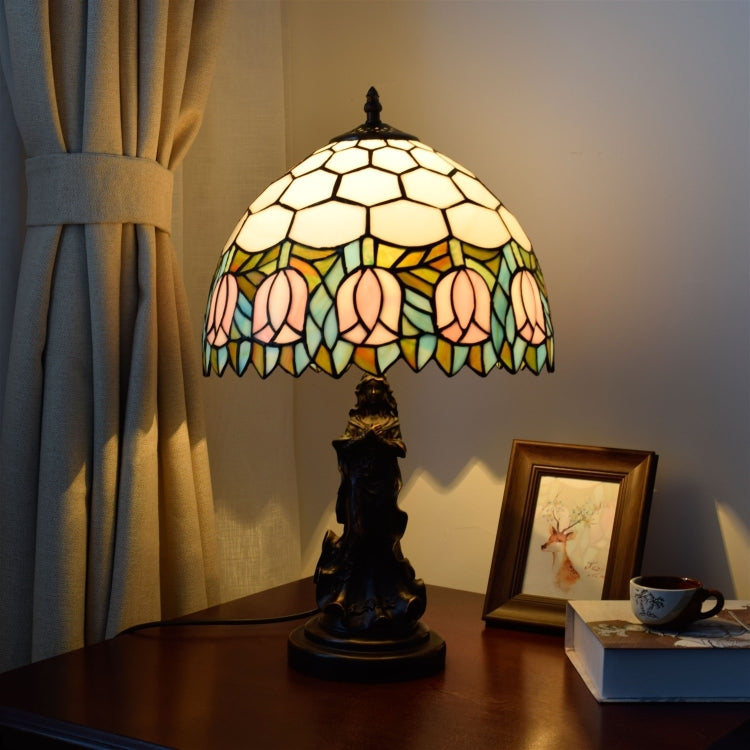 YWXLight Tulip Stained Glass Lighting Retro Table Lamp Living Room Dining Room Bedroom Bedside Counter Lamp
