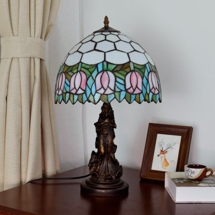 YWXLight Tulip Stained Glass Lighting Retro Table Lamp Living Room Dining Room Bedroom Bedside Counter Lamp