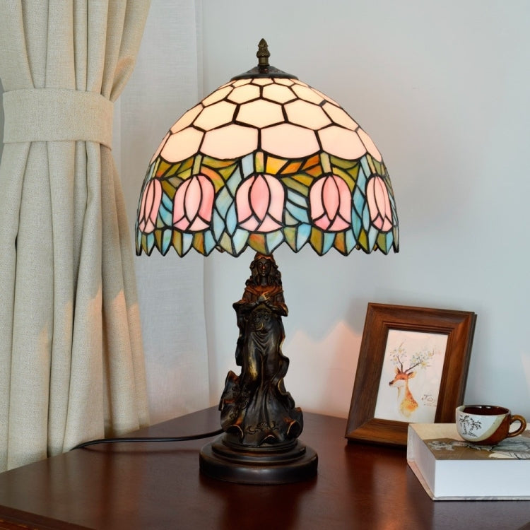 YWXLight Tulip Stained Glass Lighting Retro Table Lamp Living Room Dining Room Bedroom Bedside Counter Lamp