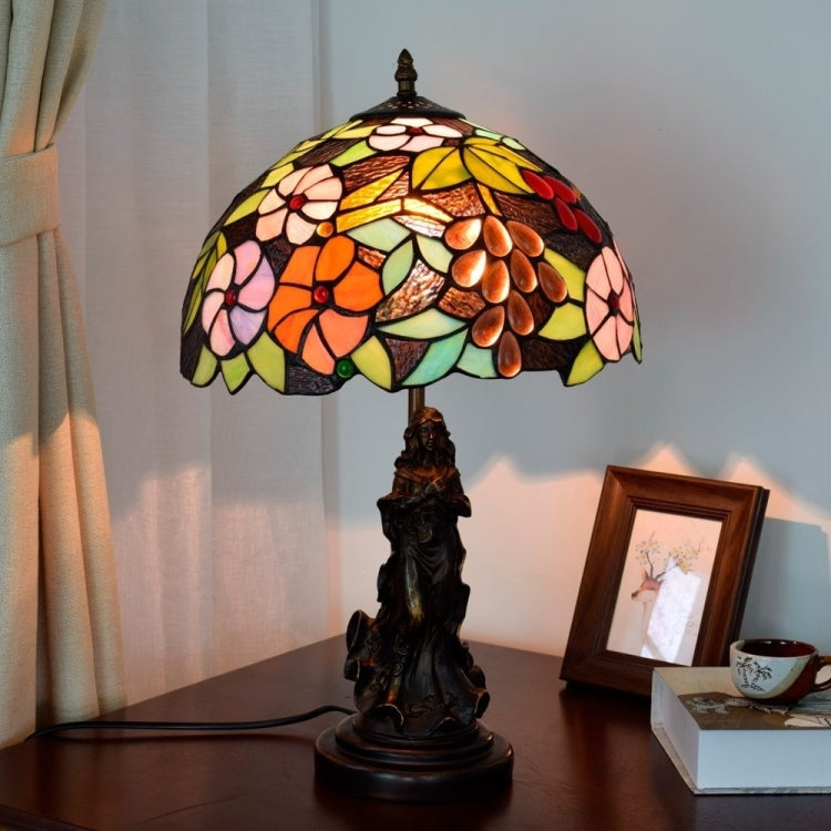 YWXLight Retro Grape Flower Stained Glass Lampshade Table Lamp Living Room Dining Room Bedroom Bedside Counter Lamp