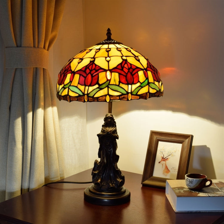 YWXLight European Retro Tulip Lighting Table Lamp Stained Glass Lampshade Bar Living Room Dining Room Bedroom Bedside Counter Lamp
