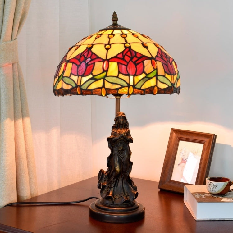 YWXLight European Retro Tulip Lighting Table Lamp Stained Glass Lampshade Bar Living Room Dining Room Bedroom Bedside Counter Lamp