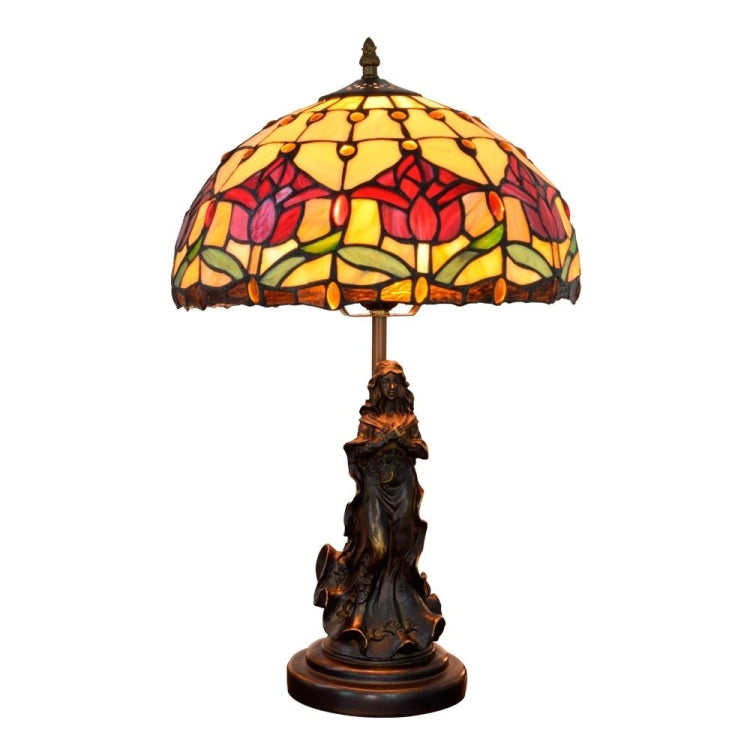 YWXLight European Retro Tulip Lighting Table Lamp Stained Glass Lampshade Bar Living Room Dining Room Bedroom Bedside Counter Lamp