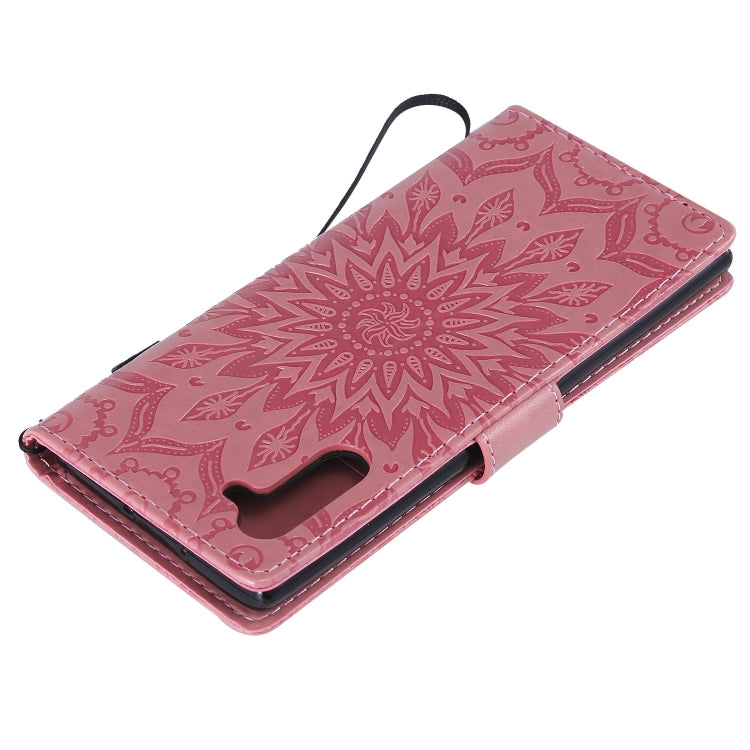 Pressed Printing Sunflower Pattern Horizontal Flip PU Leather Case for Galaxy Note 10, with Holder & Card Slots & Wallet & Lanyard