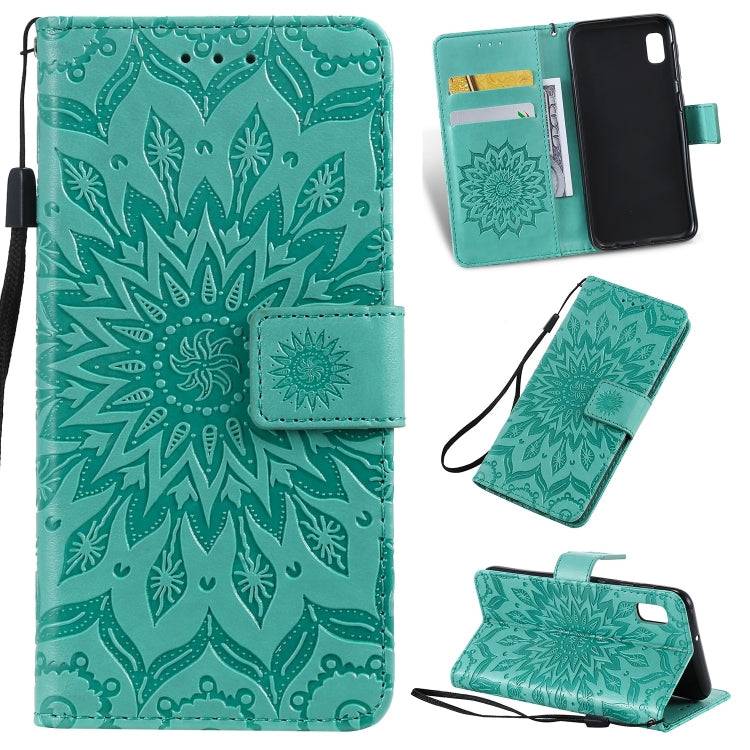 Pressed Printing Sunflower Pattern Horizontal Flip PU Leather Case for Galaxy A10e, with Holder & Card Slots & Wallet & Lanyard