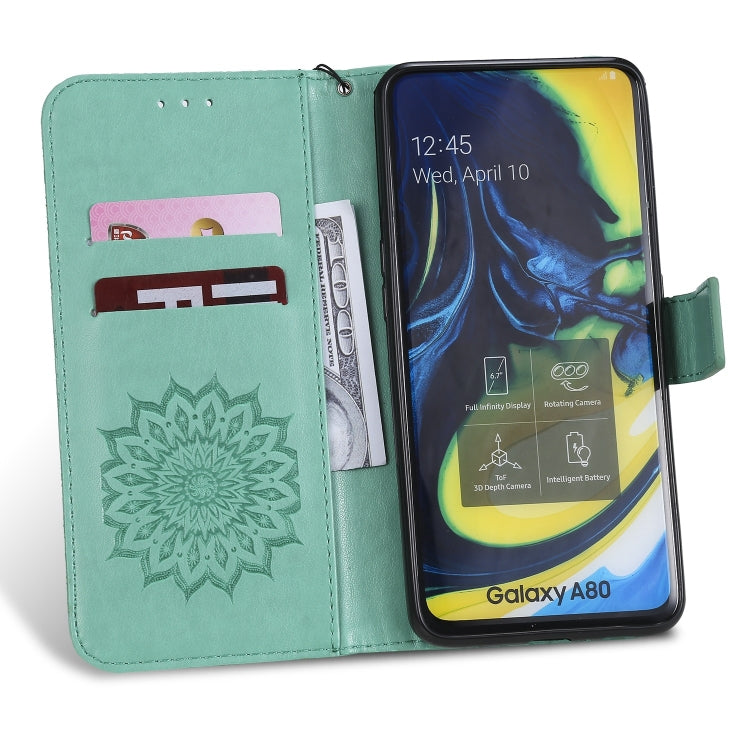 Pressed Printing Sunflower Pattern Horizontal Flip PU Leather Case for Galaxy A80, with Holder & Card Slots & Wallet & Lanyard
