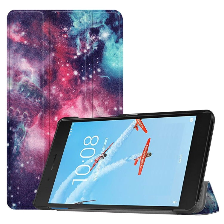 Horizontal Flip Galaxy Nebula Pattern Colored Painted PU Leather Case for Lenovo E7 / TB-7104F, with Three-folding Holder