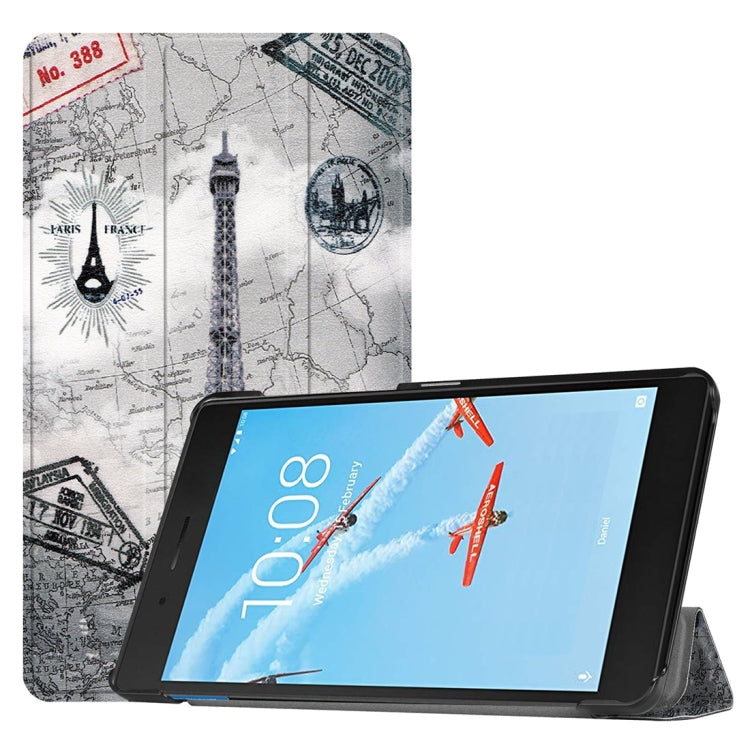 Horizontal Flip Vintage Tower Pattern Colored Painted PU Leather Case For Lenovo E7 / TB-7104F, With Three-folding Holder