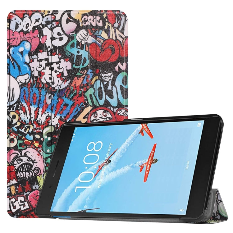 Horizontal Flip Graffiti Pattern Colored Painted PU Leather Case For Lenovo E7 / TB-7104F, With Three-folding Holder