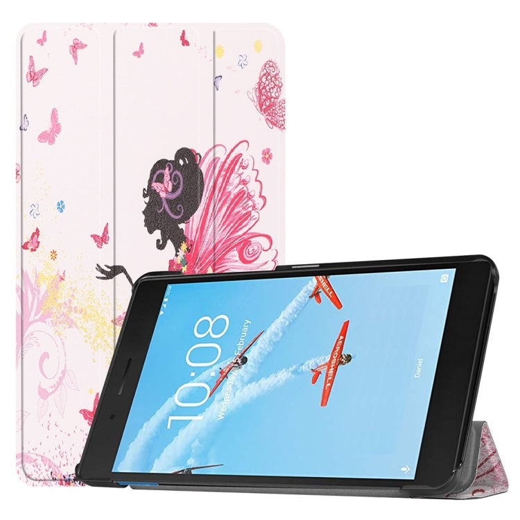 Horizontal Flip Elf Girl Pattern Colored Painted PU Leather Case For Lenovo E7 / TB-7104F, With Three-folding Holder
