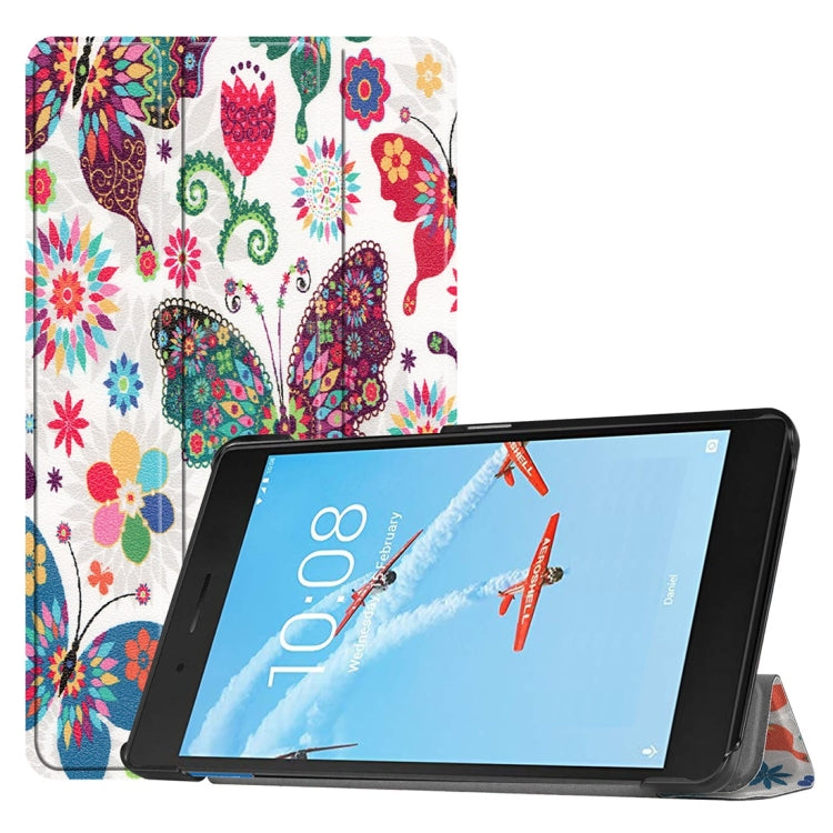 Horizontal Flip Colors Butterfly Pattern Colored Painted PU Leather Case For Lenovo E7 / TB-7104F, With Three-folding Holder