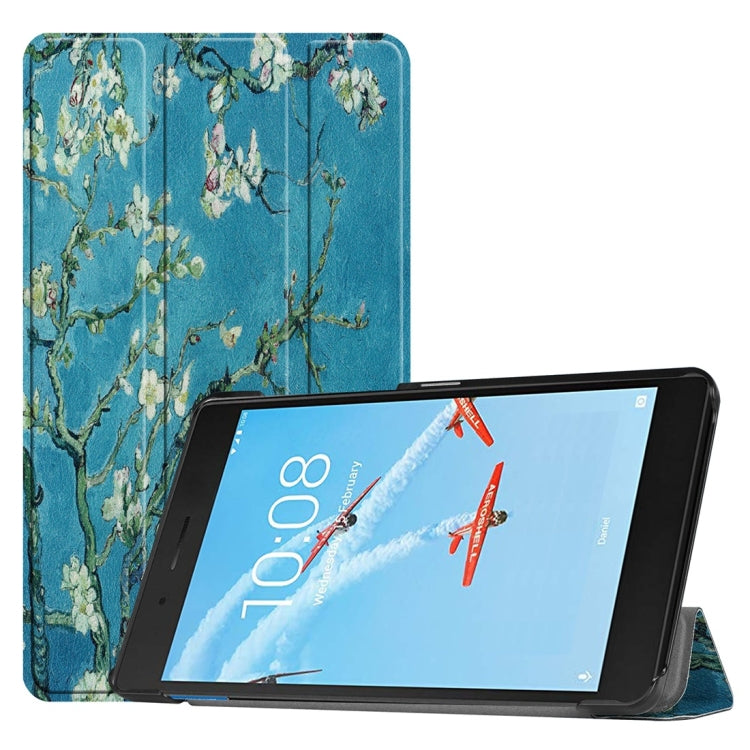 Horizontal Flip Apricot Flower Pattern Colored Painted PU Leather Case For Lenovo E7 / TB-7104F, With Three-folding Holder