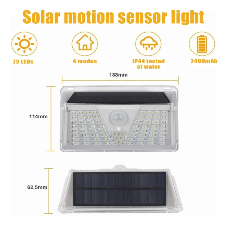 YWXLight 73 LEDs IP44 Waterproof PIR Motion Sensor Outdoor Solar Powered LED Wall Light