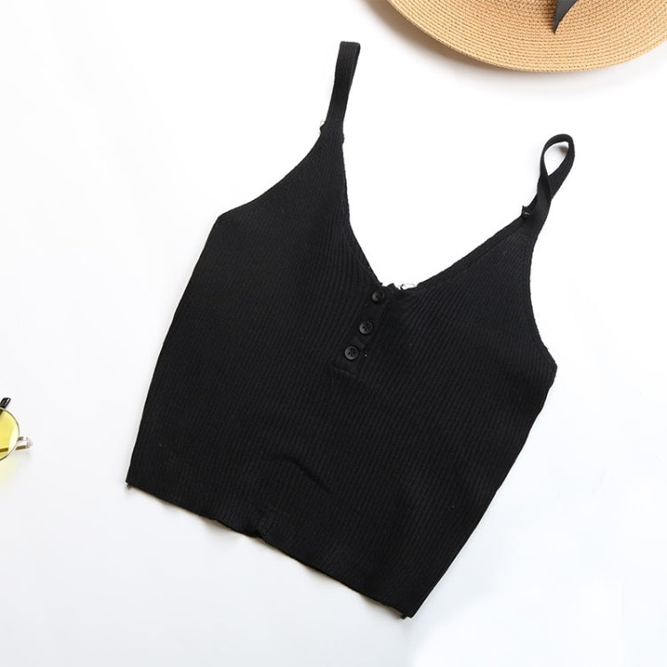 Summer Button V-neck Short Cropped Knit Sling Solid Color Base Vest for Ladies