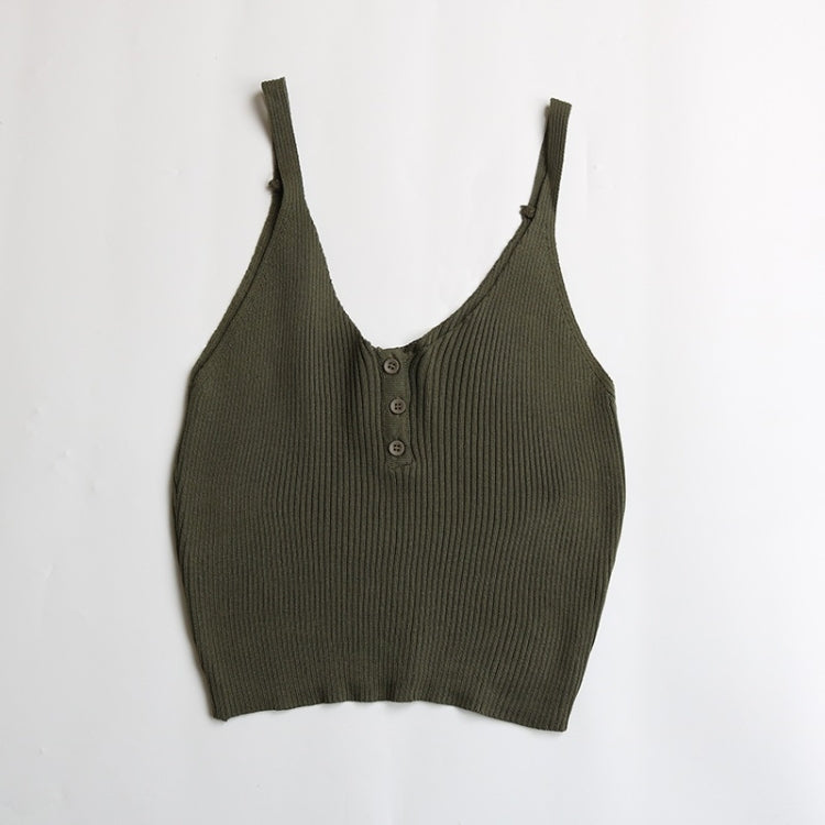 Summer Button V-neck Short Cropped Knit Sling Solid Color Base Vest for Ladies