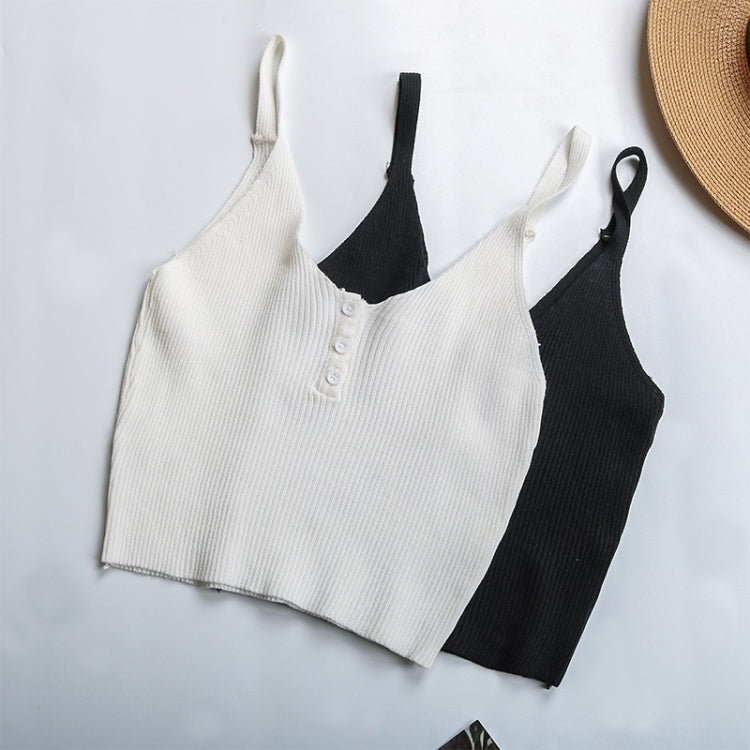 Summer Button V-neck Short Cropped Knit Sling Solid Color Base Vest for Ladies