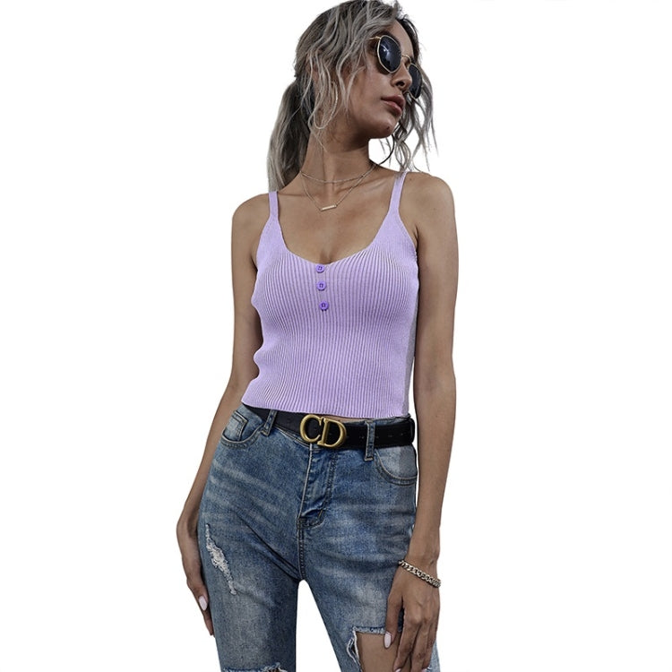 Summer Button V-neck Short Cropped Knit Sling Solid Color Base Vest for Ladies