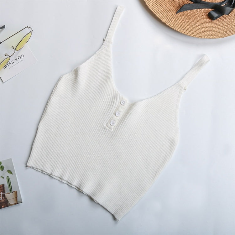 Summer Button V-neck Short Cropped Knit Sling Solid Color Base Vest for Ladies