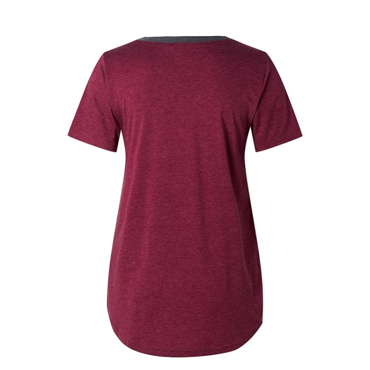 Summer Color Matching V-neck Pocket Loose Casual Cotton Short-sleeved T-shirt for Ladies