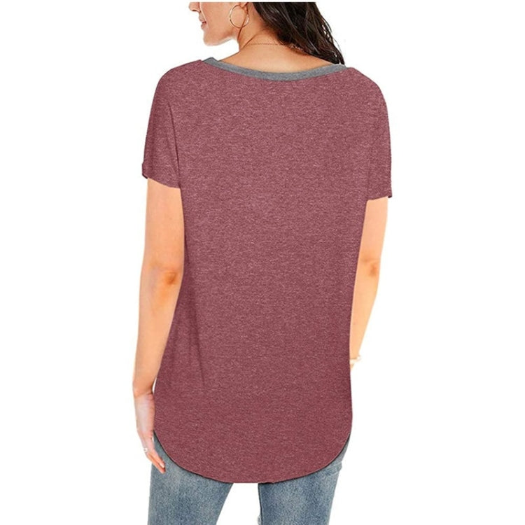 Summer Color Matching V-neck Pocket Loose Casual Cotton Short-sleeved T-shirt for Ladies