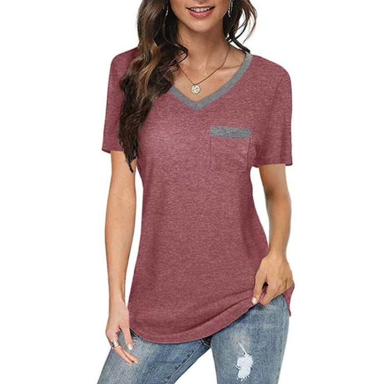 Summer Color Matching V-neck Pocket Loose Casual Cotton Short-sleeved T-shirt for Ladies