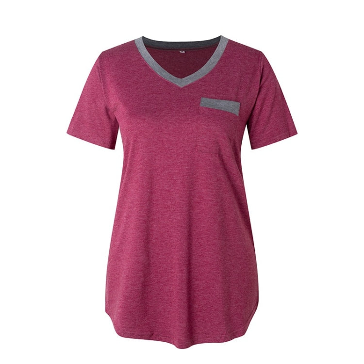 Summer Color Matching V-neck Pocket Loose Casual Cotton Short-sleeved T-shirt for Ladies