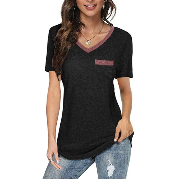 Summer Color Matching V-neck Pocket Loose Casual Cotton Short-sleeved T-shirt for Ladies