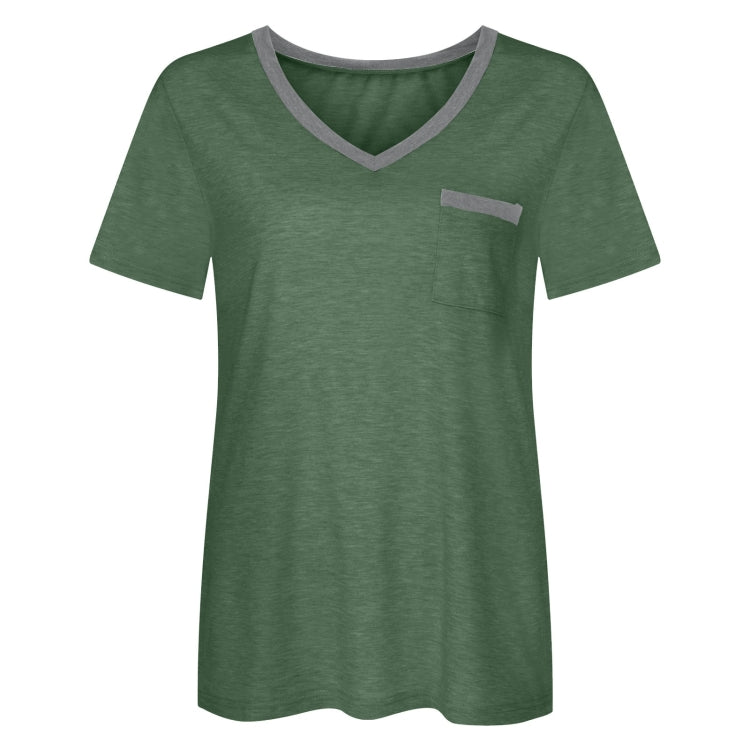 Summer Color Matching V-neck Pocket Loose Casual Cotton Short-sleeved T-shirt for Ladies