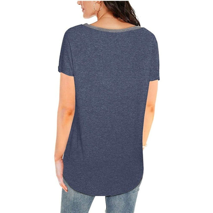 Summer Color Matching V-neck Pocket Loose Casual Cotton Short-sleeved T-shirt for Ladies