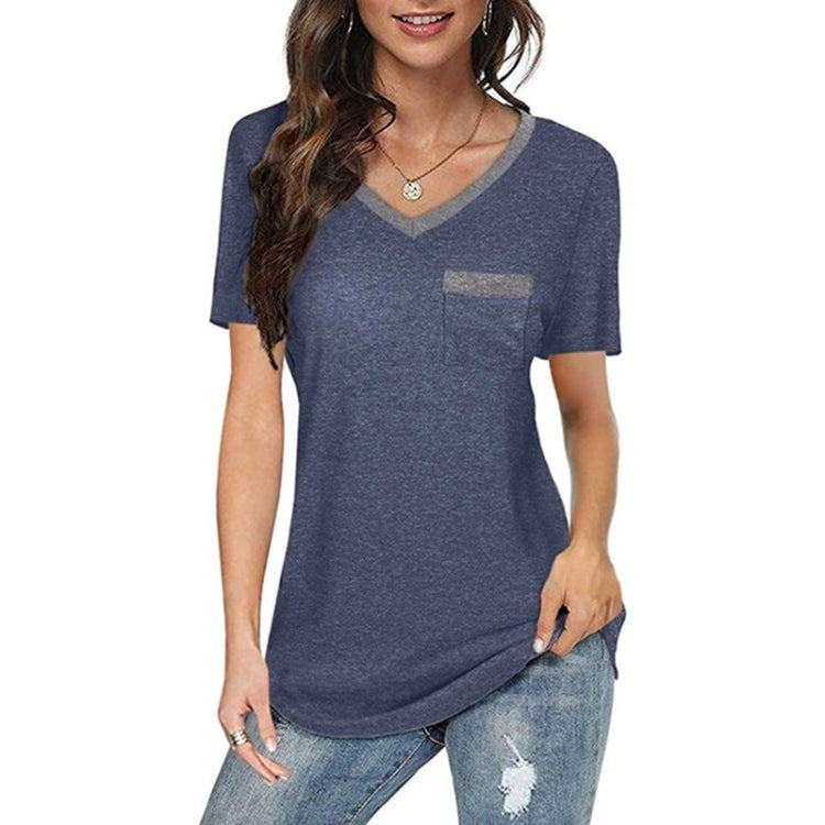 Summer Color Matching V-neck Pocket Loose Casual Cotton Short-sleeved T-shirt for Ladies