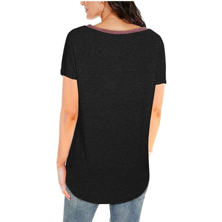 Summer Color Matching V-neck Pocket Loose Casual Cotton Short-sleeved T-shirt for Ladies