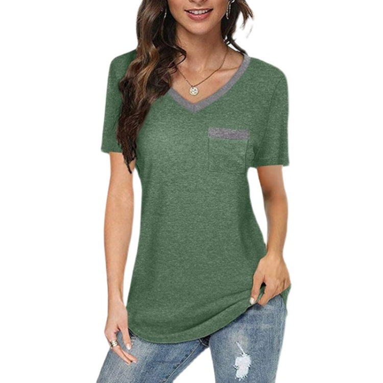 Summer Color Matching V-neck Pocket Loose Casual Cotton Short-sleeved T-shirt for Ladies