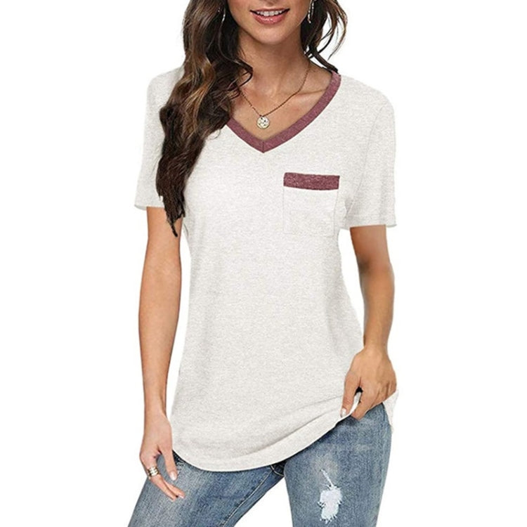 Summer Color Matching V-neck Pocket Loose Casual Cotton Short-sleeved T-shirt for Ladies