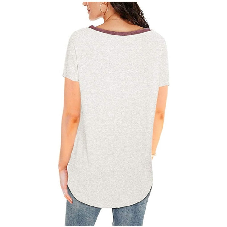 Summer Color Matching V-neck Pocket Loose Casual Cotton Short-sleeved T-shirt for Ladies