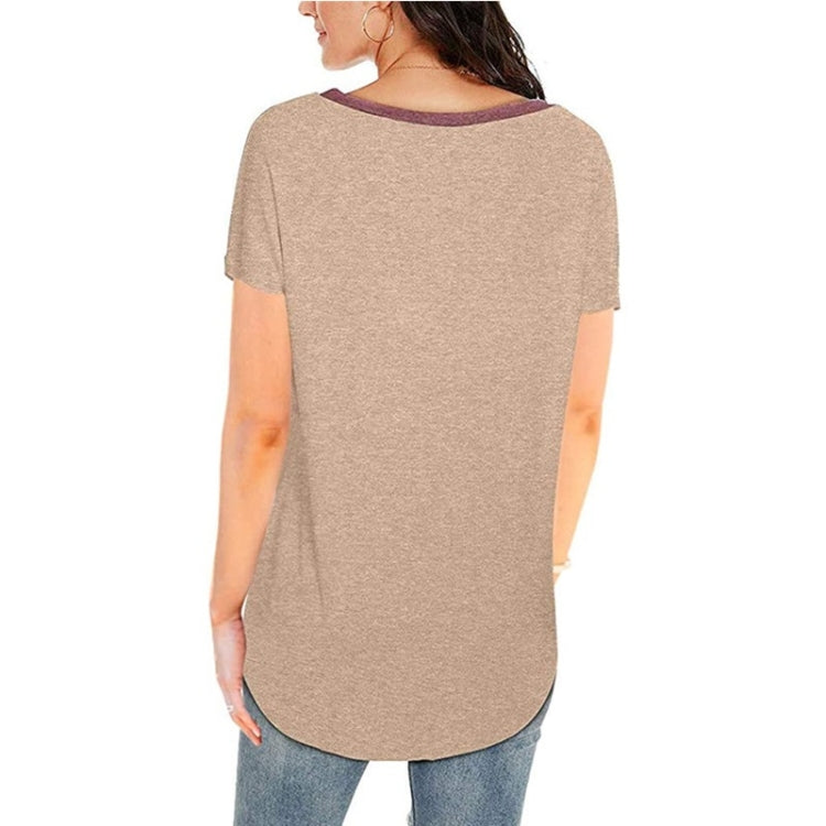 Summer Color Matching V-neck Pocket Loose Casual Cotton Short-sleeved T-shirt for Ladies