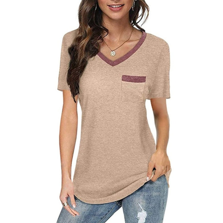 Summer Color Matching V-neck Pocket Loose Casual Cotton Short-sleeved T-shirt for Ladies