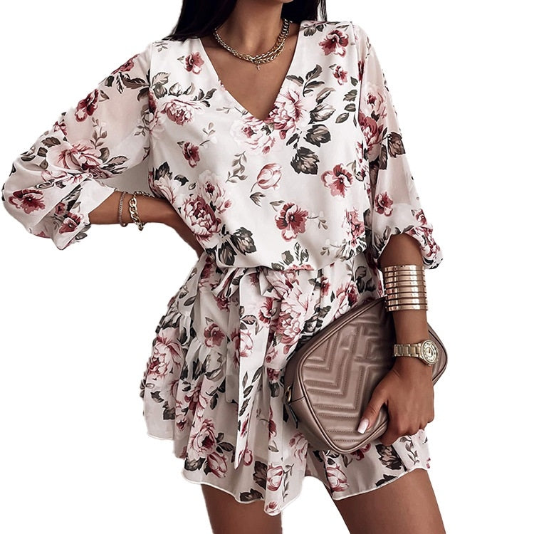 Bohemian Style Loose V-neck Printed Dress Nine-Sleeve Short Skirt for Ladies