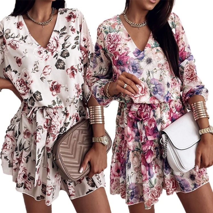 Bohemian Style Loose V-neck Printed Dress Nine-Sleeve Short Skirt for Ladies