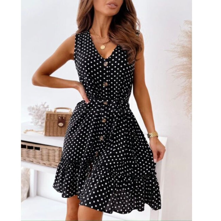 Dot V-neck Single-breasted Waist Sleeveless Dress for Ladies