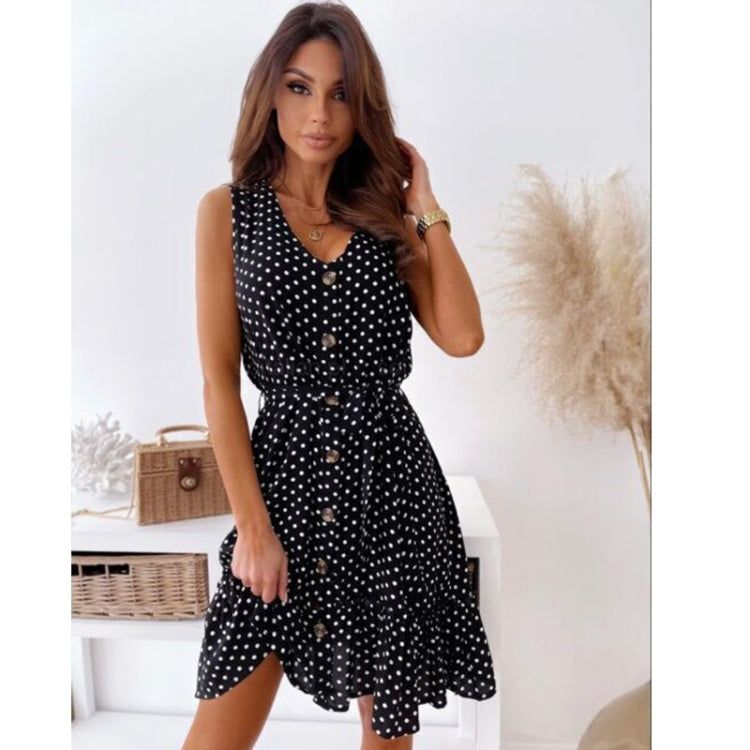 Dot V-neck Single-breasted Waist Sleeveless Dress for Ladies