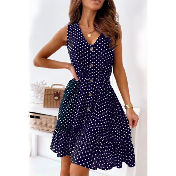 Dot V-neck Single-breasted Waist Sleeveless Dress for Ladies